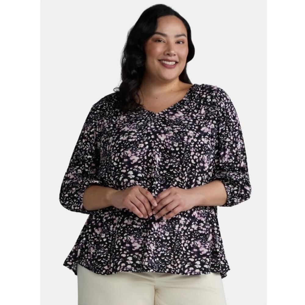 Terra & Sky Women's‎ Plus Size Poet Sleeve Blouse Floral Black  Size XL 1X